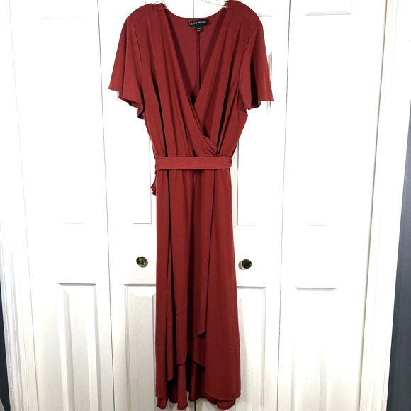 LANE BRYANT Dress Women's Plus 22 24 Belted Faux Wrap Hi Lo Terracotta Copper - Picture 1 of 10